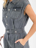 WOMEN'S SHORT SLEEVE BUTTON UP POCKETS ELASTIC WAIST DENIM ROMPER