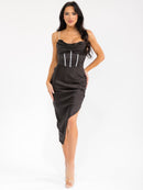 WOMEN'S SLEEVELESS HIGH-LOW SIDE SLIT STUDS DETAILED BODYCON MIDI DRESS