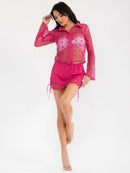 WOMEN'S LONG SLEEVE TOP & ELASTIC WAIST MINI SKORT CROCHET 2PC. SET