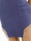 WOMEN'S SLEEVELESS V-NECK SIDE SLIT STUDS FRINGE BODYCON MINI DRESS