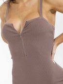 WOMEN'S SLEEVELESS SQUARE NECK ZIP UP RIBBED ROMPER