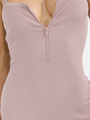 WOMEN'S SLEEVELESS SQUARE NECK ZIP UP RIBBED ROMPER