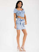 WOMEN'S SHORT SLEEVE CROP TOP & BUTTON CLOSURE MINI SKIRT WASHED DENIM 2PC. SET