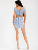 WOMEN'S SHORT SLEEVE CROP TOP & BUTTON CLOSURE MINI SKIRT WASHED DENIM 2PC. SET