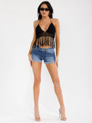 WOMEN'S SLEEVELESS HALTER NECK V-NECK OPEN BACK KNIT CROP TOP