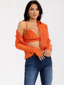 WOMEN'S BRALETTE & LONG SLEEVE BUTTON UP PLEATED 2PC TOP