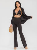 WOMEN'S BRALETTE & LONG SLEEVE BUTTON UP SOLID 2PC TOP