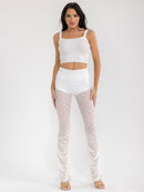 WOMEN'S ELASTIC WAIST MESH SIDE RUCHED SKINNY LEG PANTS