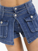 WOMEN'S BUTTON CLOSURE POCKETS STRETCH DENIM MINI SKORT