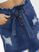 WOMEN'S BUTTON CLOSURE POCKETS DISTRESS SELF TIE STRETCH DENIM MINI SKIRTS