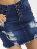 WOMEN'S BUTTON CLOSURE POCKETS DISTRESS STRETCH DENIM MINI SKIRT