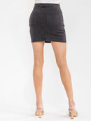 WOMEN'S BUTTON CLOSURE POCKETS WASHED STRETCH DENIM MINI SKIRT