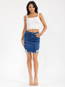 WOMEN'S BUTTON CLOSURE POCKETS DISTRESS STRETCH DENIM MINI SKIRT