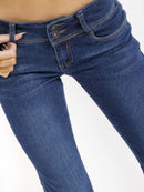 WOMEN'S BUTTON CLOSURE POCKETS BELL LEG STRETCH DENIM PANTS