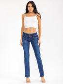 WOMEN'S BUTTON CLOSURE POCKETS STRAIGHT LEG STRETCH DENIM PANTS