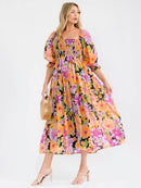 WOMEN'S SHORT PUFF SLEEVE SQUARE NECK POCKETS SMOCK FLORAL PRINT MAXI DRESS