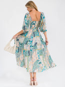 WOMEN'S SHORT PUFF SLEEVE SQUARE NECK FRONT POCKETS SMOCK MULTI PRINT MAXI DRESS