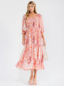 WOMEN'S SHORT PUFF SLEEVE SQUARE NECK FRONT POCKETS SMOCK MULTI PRINT MAXI DRESS