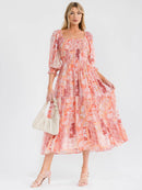 WOMEN'S SHORT PUFF SLEEVE SQUARE NECK FRONT POCKETS SMOCK MULTI PRINT MAXI DRESS