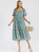 WOMEN'S SHORT PUFF SLEEVE SMOCK FRONT POCKETS FLORAL PRINT MIDI DRESS