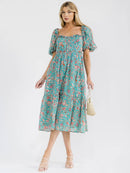WOMEN'S SHORT PUFF SLEEVE SMOCK FRONT POCKETS FLORAL PRINT MIDI DRESS