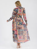 WOMEN'S LONG SLEEVE V-NECK BUTTON UP FRONT POCKETS MULTI PRINT MAXI DRESS