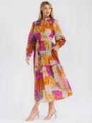 WOMEN'S LONG SLEEVE V-NECK FRONT POCKETS MULTI PRINT MAXI DRESS