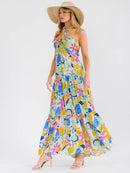 WOMEN'S SLEEVELESS OPEN BACK SMOCK TIERED FLORAL MAXI DRESS