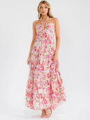 WOMEN'S SLEEVELESS OPEN BACK SMOCK TIERED FLORAL MAXI DRESS