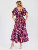 WOMEN'S SHORT PUFF SLEEVE SQUARE NECK ELASTIC WAIST MULTI PRINT MAXI DRESS