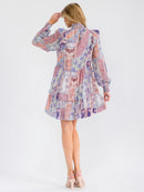 WOMEN'S LONG SLEEVE SMOCK NECK FRONT POCKETS MULTI PRINT MINI DRESS