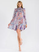 WOMEN'S LONG SLEEVE SMOCK NECK FRONT POCKETS MULTI PRINT MINI DRESS