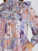 WOMEN'S LONG SLEEVE SMOCK NECK FRONT POCKETS MULTI PRINT MINI DRESS