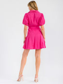 WOMEN'S SHORT SLEEVE BUTTON UP SELF TIE LINEN MINI DRESS