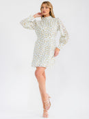 WOMEN'S LONG SLEEVE BUTTON UP MOCK NECK ELASTIC WAIST EYELET FLORAL MINI DRESS