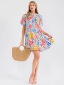 WOMEN'S SHORT PUFF SLEEVE BUTTON UP FRONT POCKETS FLORAL MINI DRESS