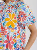 WOMEN'S SHORT PUFF SLEEVE BUTTON UP FRONT POCKETS FLORAL MINI DRESS