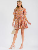 WOMEN'S SHORT PUFF SLEEVE V-NECK FLORAL MINI DRESS