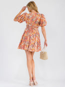 WOMEN'S SHORT PUFF SLEEVE V-NECK FLORAL MINI DRESS