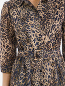 WOMEN'S 3/4 SLEEVES BUTTON UP BELTED ANIMAL PRINT PRINT EYELET MAXI DRESS