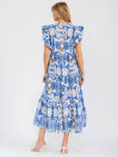 WOMEN'S RUFFLE SLEEVE MOCK NECK FRONT POCKETS MULTI PRINT MAXI DRESS