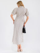 WOMEN'S SHORT SLEEVE BUTTON UP FRONT POCKETS COLORBLOCK STRIPES MAXI DRESS