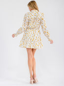 WOMEN'S LONG SLEEVE BUTTON UP MOCK NECK SELF TIE EYELET FLORAL MINI DRESS