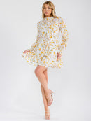 WOMEN'S LONG SLEEVE BUTTON UP MOCK NECK SELF TIE EYELET FLORAL MINI DRESS