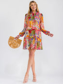 WOMEN'S LONG SLEEVE SMOCK NECK  MULTI PRINT MINI DRESS