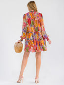 WOMEN'S LONG SLEEVE SMOCK NECK  MULTI PRINT MINI DRESS