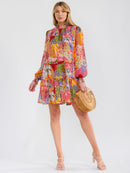 WOMEN'S LONG SLEEVE SMOCK NECK  MULTI PRINT MINI DRESS