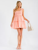 WOMEN'S SLEEVELESS SQUARE NECK SMOCK TIERED MINI DRESS