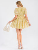 WOMEN'S SHORT PUFF SLEEVE V-NECK POCKETS TIERED FLORAL PRINT MINI DRESS