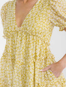 WOMEN'S SHORT PUFF SLEEVE V-NECK POCKETS TIERED FLORAL PRINT MINI DRESS